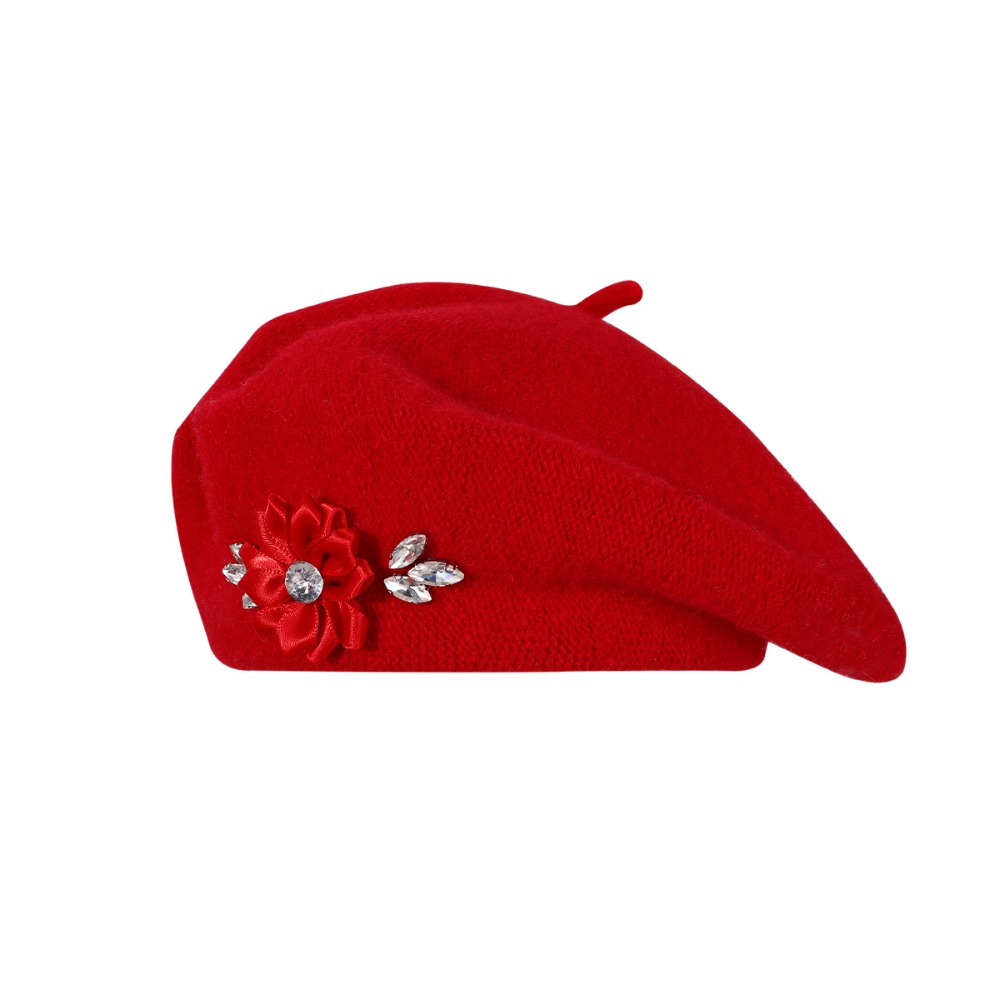 Beret French Wool - Zachte wollen gebreide baret met bloemenversiering,